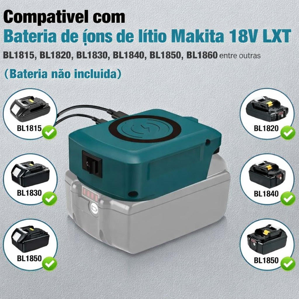 Adaptador USB para Baterias 18V Makita/Dewalt/Milwaukee - Power Bank Portátil com Type-C