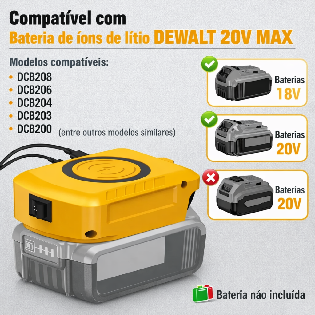 Adaptador USB para Baterias 18V Makita/Dewalt/Milwaukee - Power Bank Portátil com Type-C