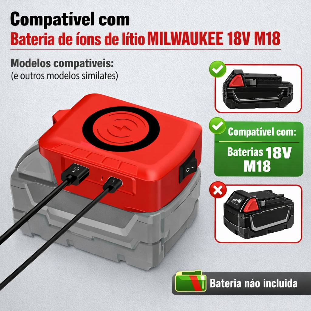 Adaptador USB para Baterias 18V Makita/Dewalt/Milwaukee - Power Bank Portátil com Type-C