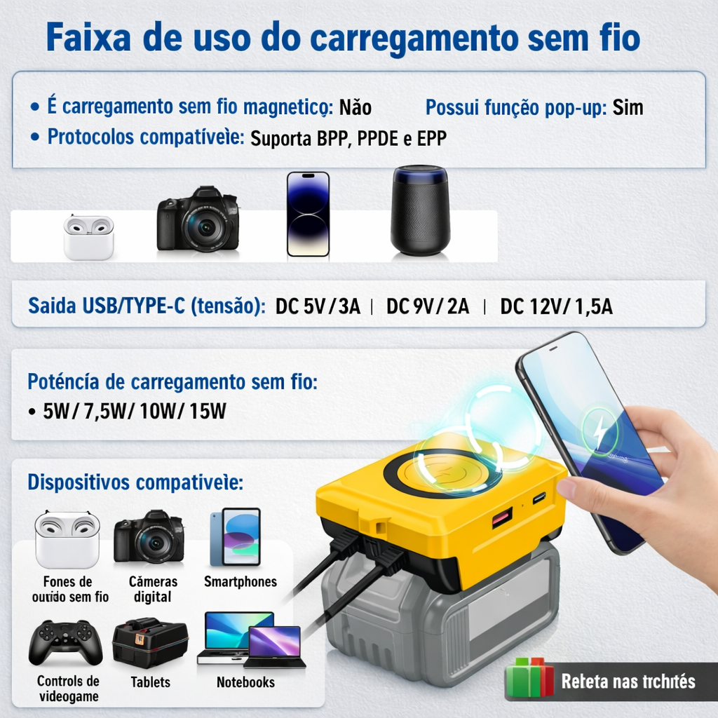 Adaptador USB para Baterias 18V Makita/Dewalt/Milwaukee - Power Bank Portátil com Type-C
