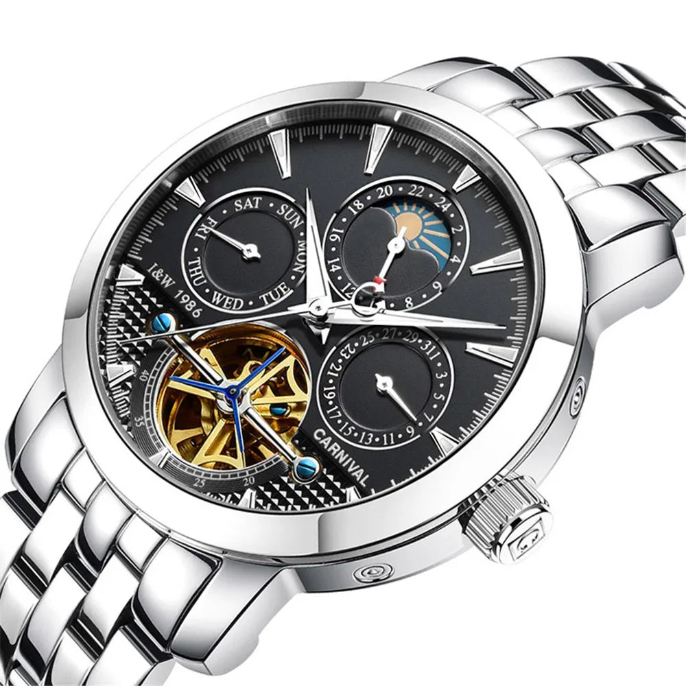 Relógio CARNIVAL Tourbillon Automático - Skeleton Fase Lunar 3ATM Aço Inoxidável Business