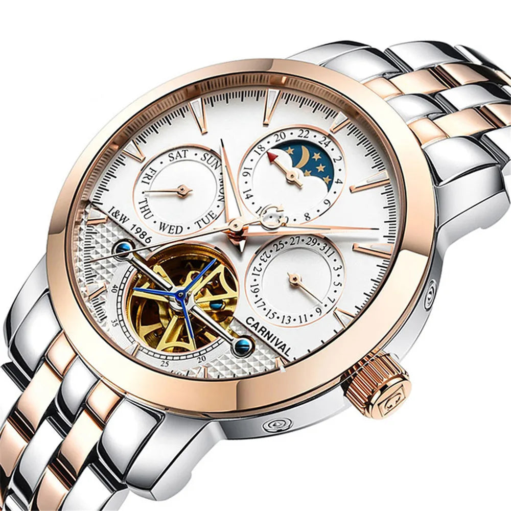 Relógio CARNIVAL Tourbillon Automático - Skeleton Fase Lunar 3ATM Aço Inoxidável Business
