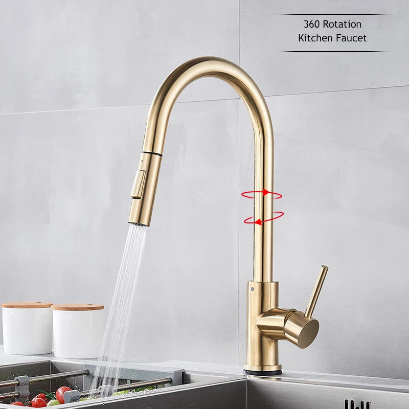 Torneira de Cozinha com Sensor Touch Dourada Escovada 360° - Misturador Inteligente Quente/Frio