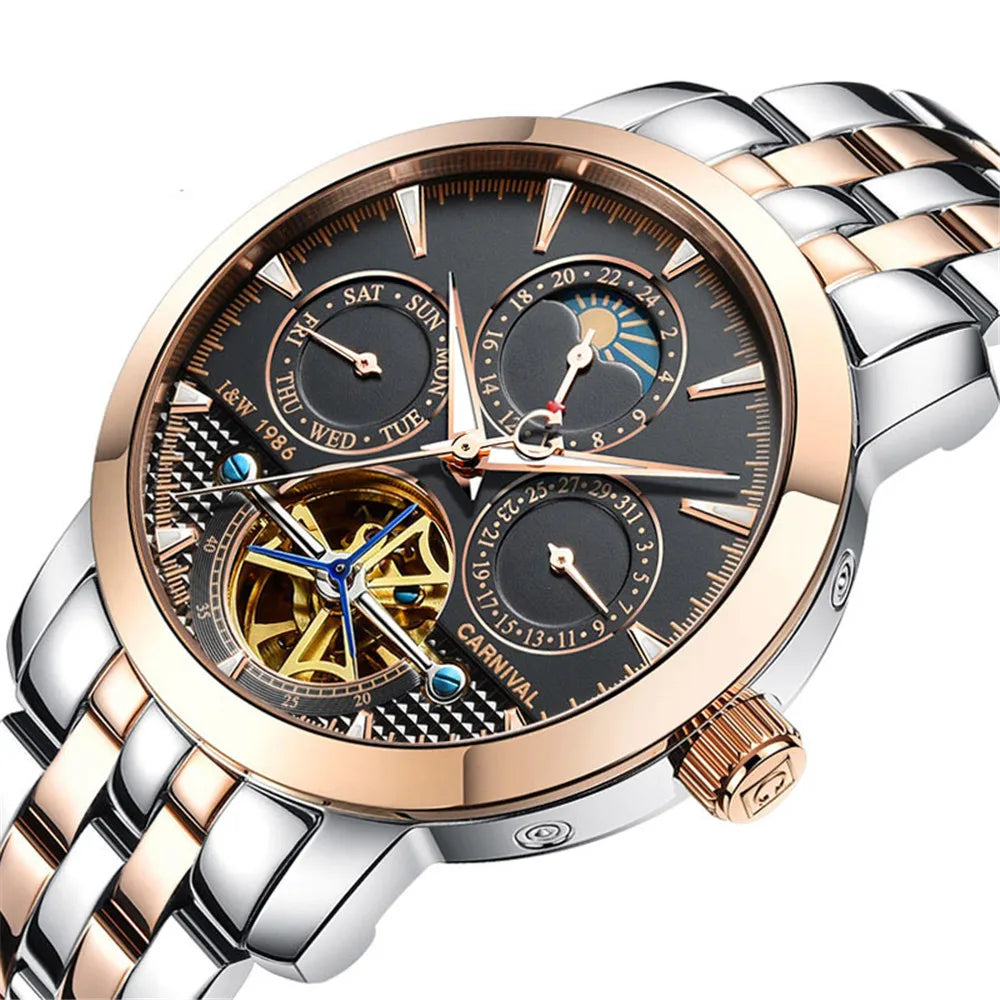 Relógio CARNIVAL Tourbillon Automático - Skeleton Fase Lunar 3ATM Aço Inoxidável Business