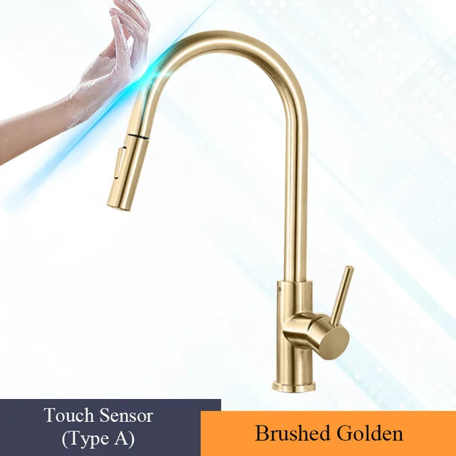 Torneira de Cozinha com Sensor Touch Dourada Escovada 360° - Misturador Inteligente Quente/Frio