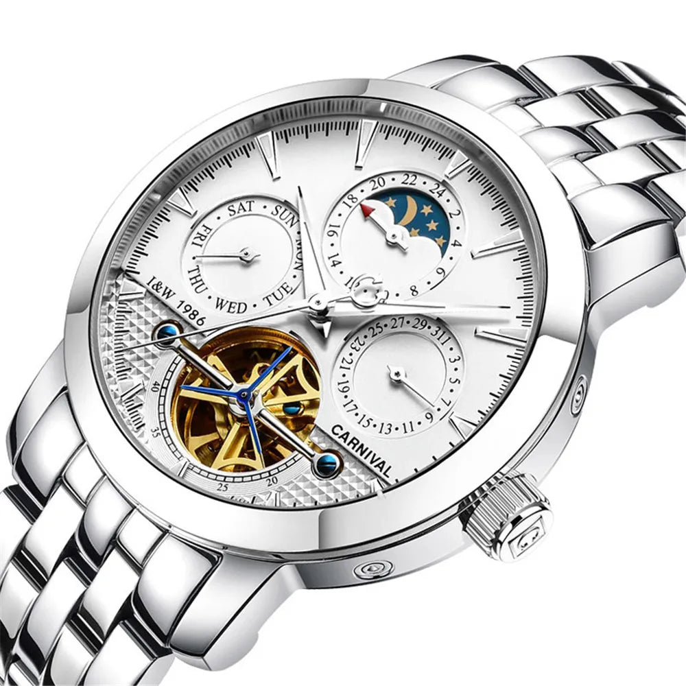 Relógio CARNIVAL Tourbillon Automático - Skeleton Fase Lunar 3ATM Aço Inoxidável Business