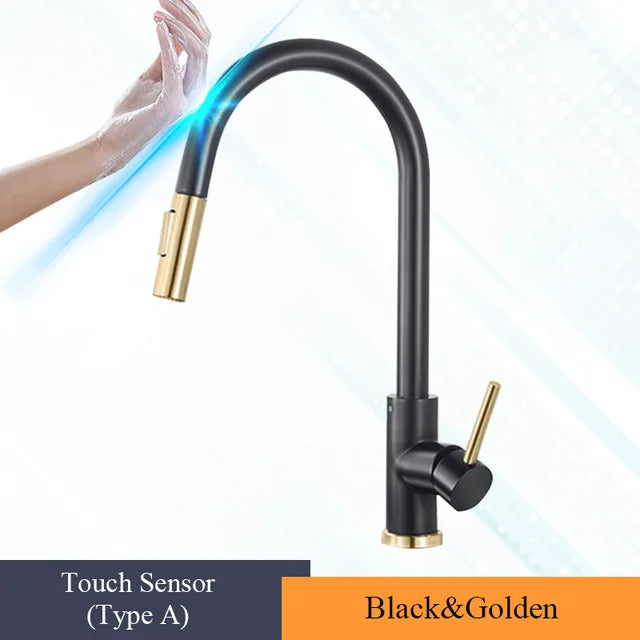 Torneira de Cozinha com Sensor Touch Dourada Escovada 360° - Misturador Inteligente Quente/Frio
