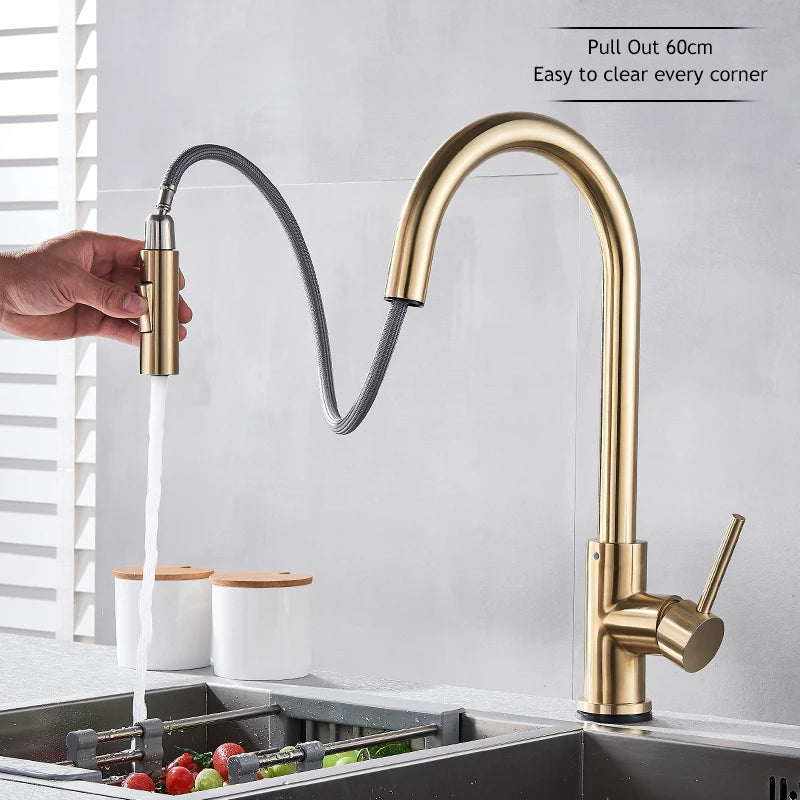 Torneira de Cozinha com Sensor Touch Dourada Escovada 360° - Misturador Inteligente Quente/Frio