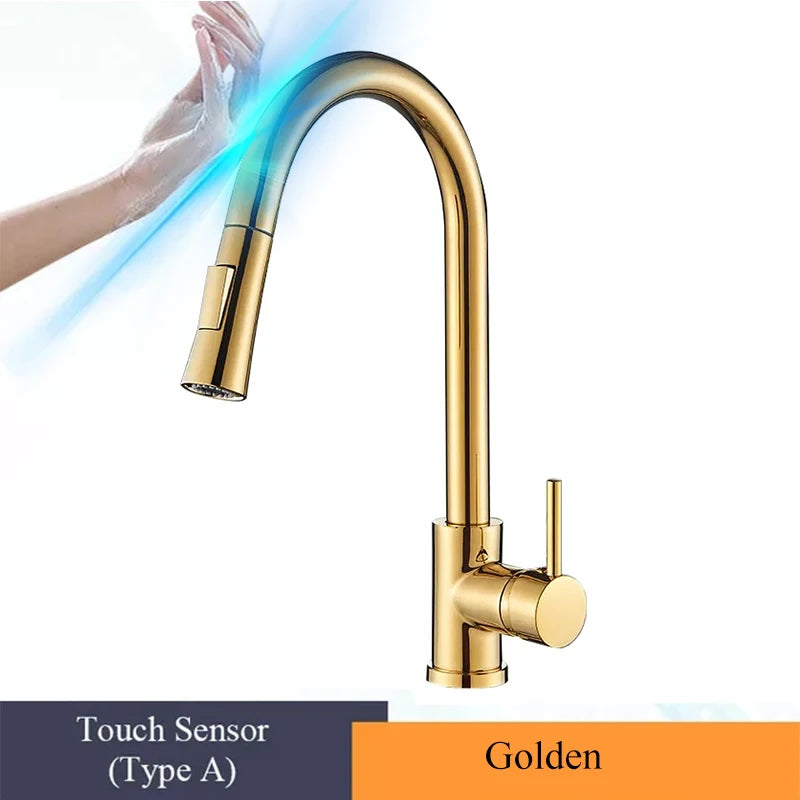 Torneira de Cozinha com Sensor Touch Dourada Escovada 360° - Misturador Inteligente Quente/Frio