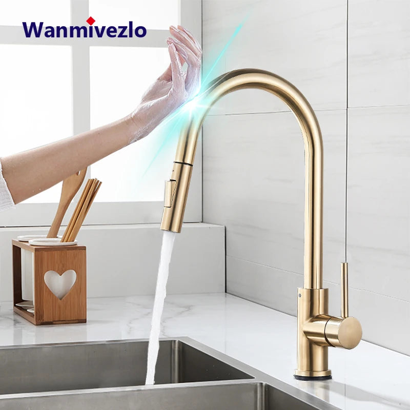 Torneira de Cozinha com Sensor Touch Dourada Escovada 360° - Misturador Inteligente Quente/Frio