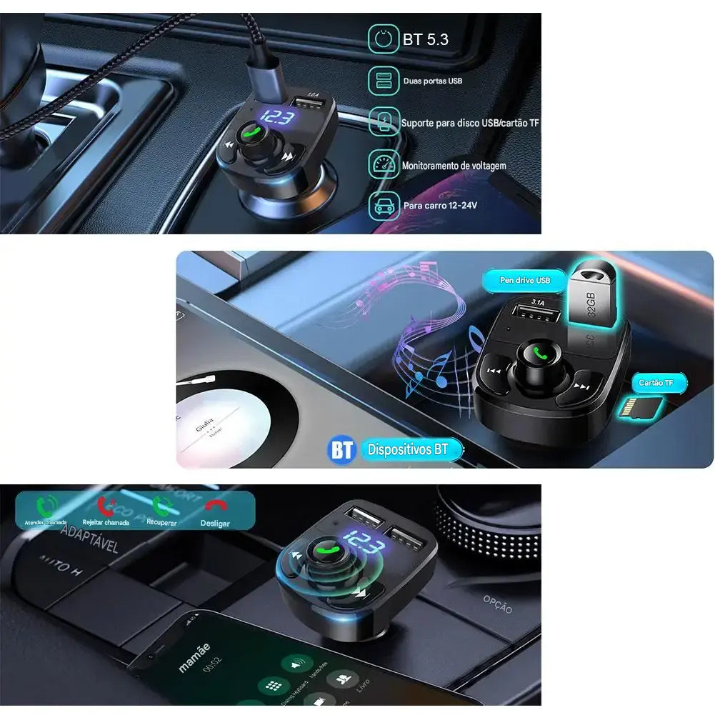 Transmissor FM Bluetooth Veicular com Carregador USB - Viva-Voz MP3 Player