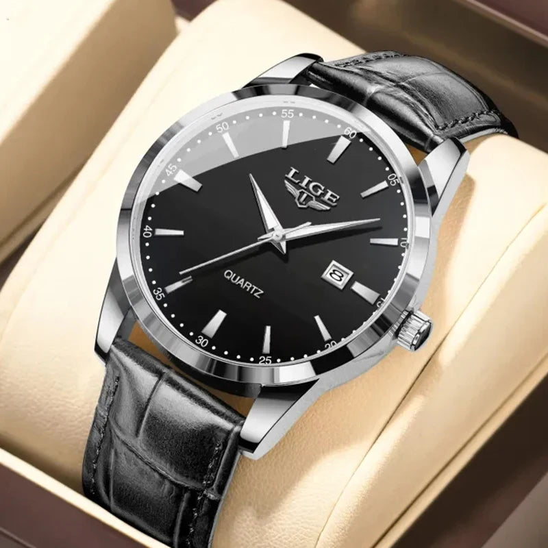 Relógio LIGE Couro Preto Military Sport - Quartzo 3ATM Cronógrafo Luminoso Casual