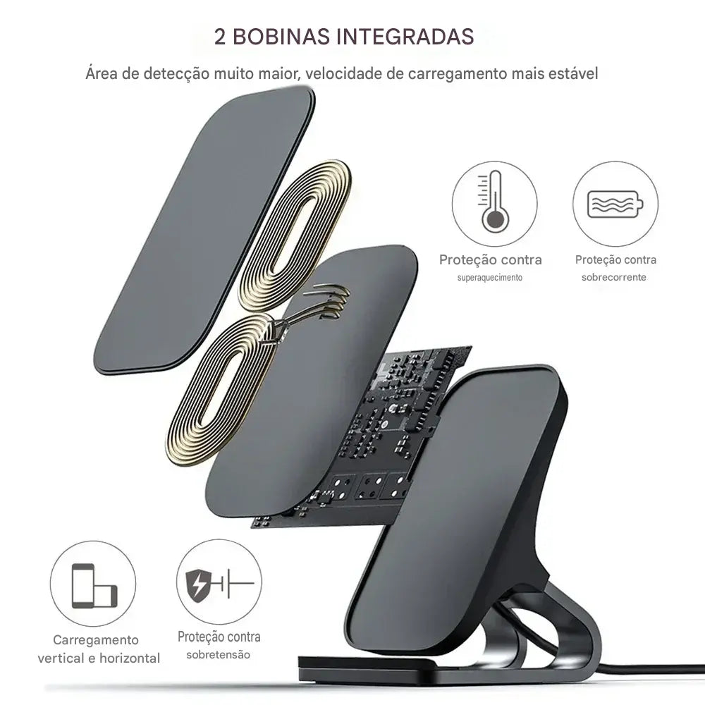 Suporte Carregador Wireless Qi 10W 7.5W 5W - Base de Carregamento Rápido 2 Bobinas Antiderrapante
