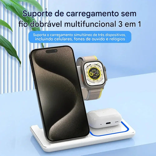Carregador Sem Fio 3 em 1 Dobrável - Suporte de Mesa com LED 15W para Celular, Smartwatch e Fones
