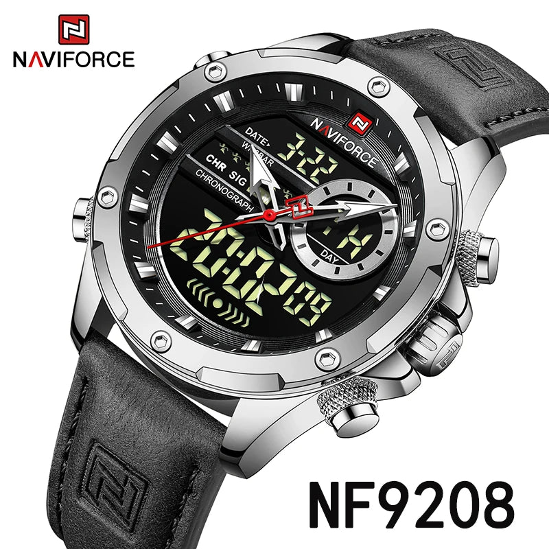 Relógio NAVIFORCE LED Digital Military - Quartzo Dual Display 3ATM Cronógrafo Couro