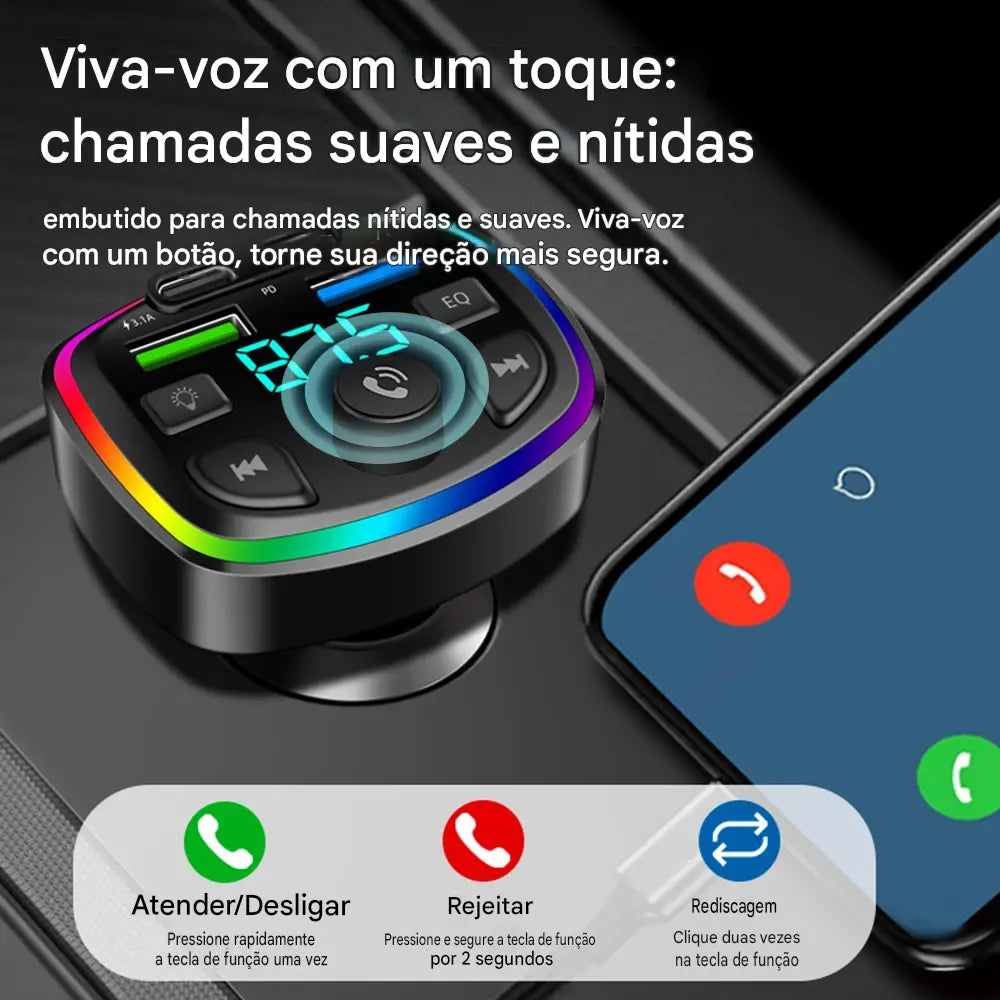 Transmissor FM Bluetooth para Carro com Carregador Sem Fio - Viva-Voz e Adaptador MP3 Dual USB