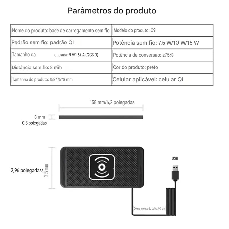 Carregador Veicular Wireless 15W Qi - Base Antiderrapante Carregamento Rápido