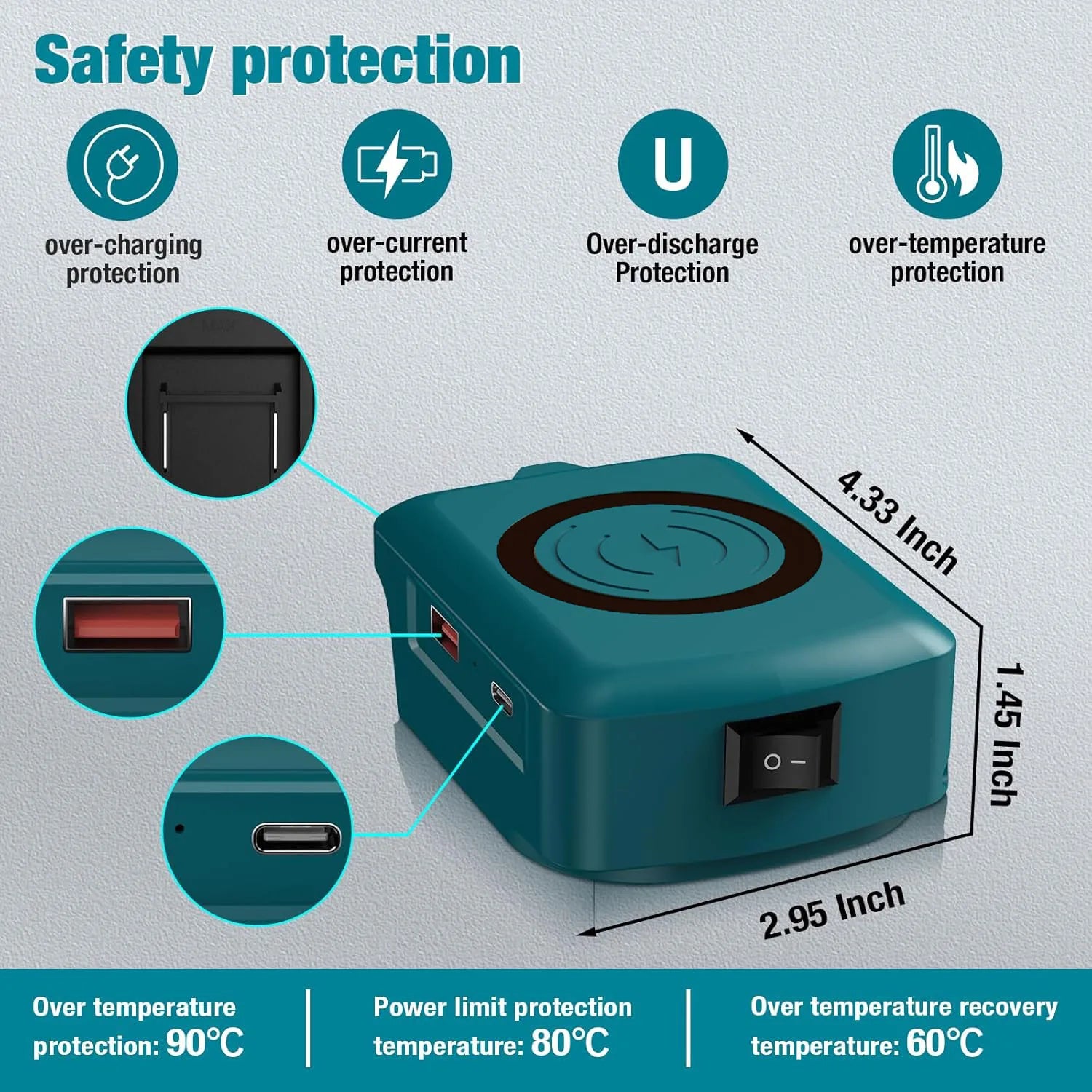 Carregador Sem Fio para Bateria 18V Makita/Dewalt/Milwaukee - Adaptador USB com Porta Type-C Power Bank Portátil