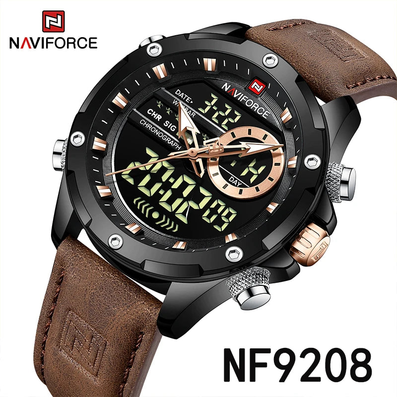 Relógio NAVIFORCE LED Digital Military - Quartzo Dual Display 3ATM Cronógrafo Couro