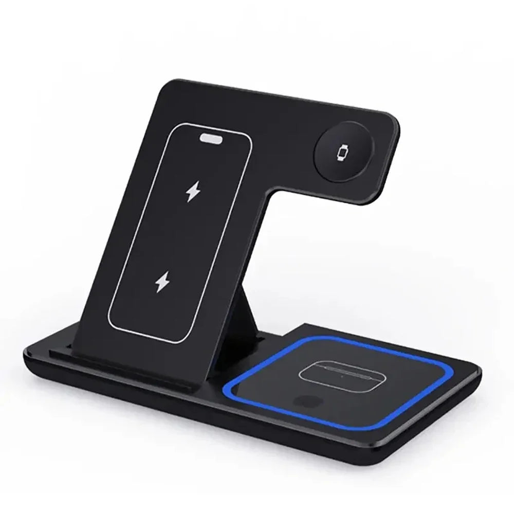 Carregador Sem Fio 3 em 1 Dobrável - Suporte de Mesa com LED 15W para Celular, Smartwatch e Fones