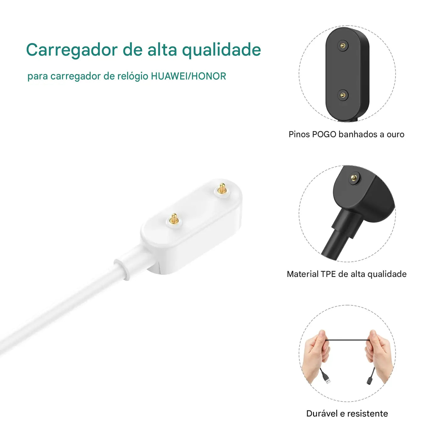 Carregador para Smartwatch Huawei e Honor - Cabo USB para Band 8, 7, 6 Pro, Watch Fit 2