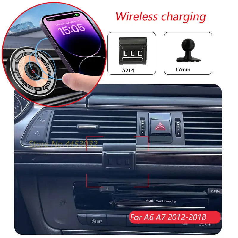 Carregador Wireless 15W para Audi A6 C7 A7 4G8 2012-2018 - Suporte Magnético Rotativo