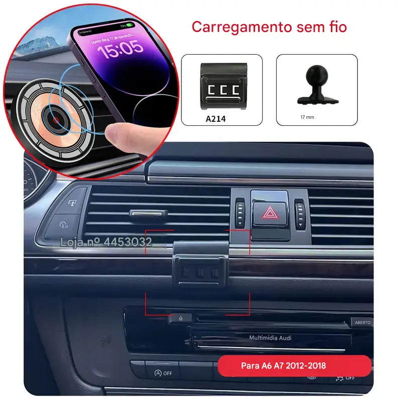Carregador Wireless 15W para Audi A6 C7 A7 4G8 2012-2018 - Suporte Magnético Rotativo