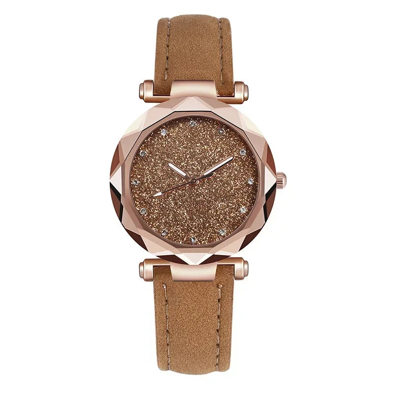 Relógio Feminino Starry Sky - Pulseira de Couro Strass Quartzo Casual