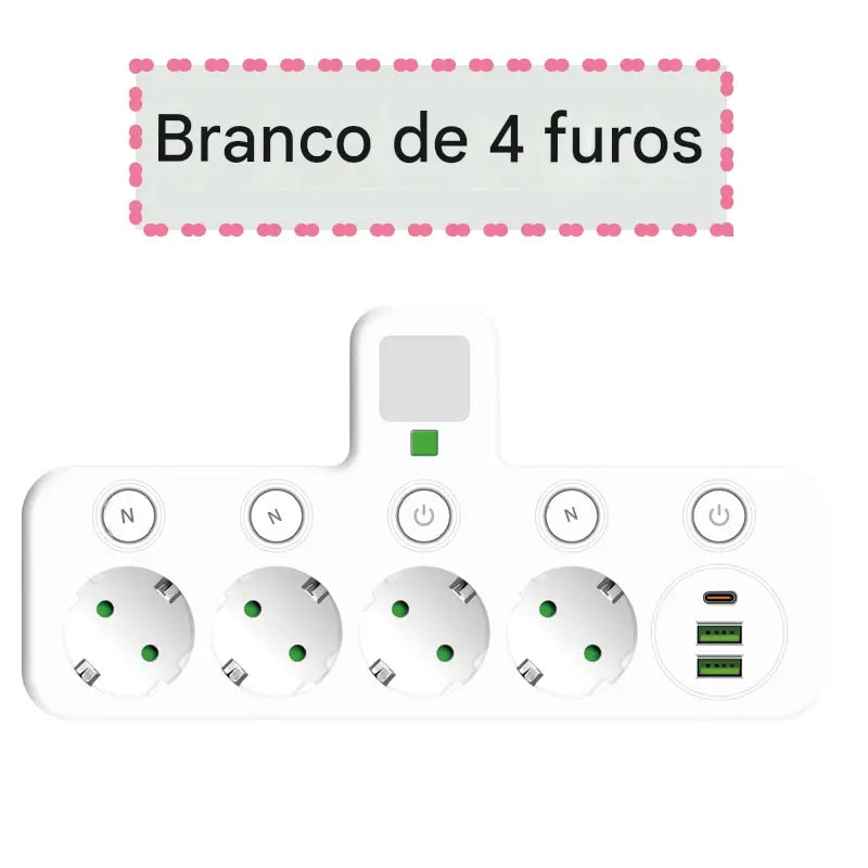 Tomada de Parede Multifuncional com Carregador Sem Fio - 3 Tomadas AC, 2 USB e Type-C
