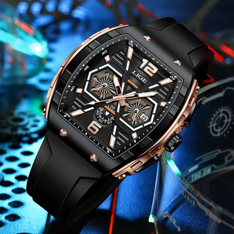 Relógio Masculino LIGE Esportivo - Quartzo Resistente à Água 5ATM Cronógrafo Luminoso Silicone