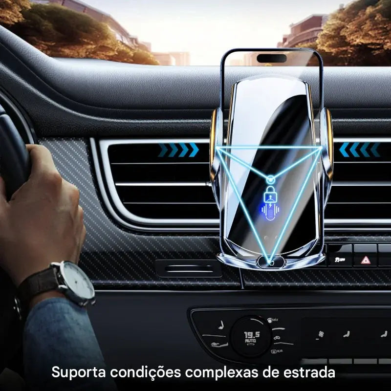Suporte para Carro com Carregador Sem Fio e Sensor Triplo Inteligente - Fixação Magnética Automática