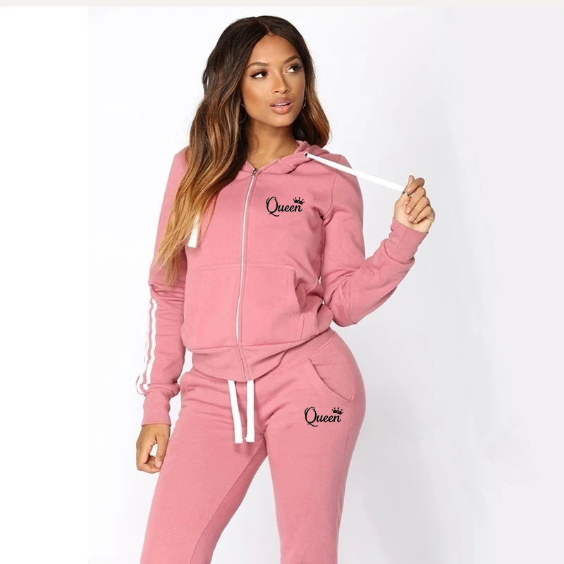 Conjunto Feminino Moletom Listrado - Moletom com Capuz e Calça Jogger Casual Outono Inverno