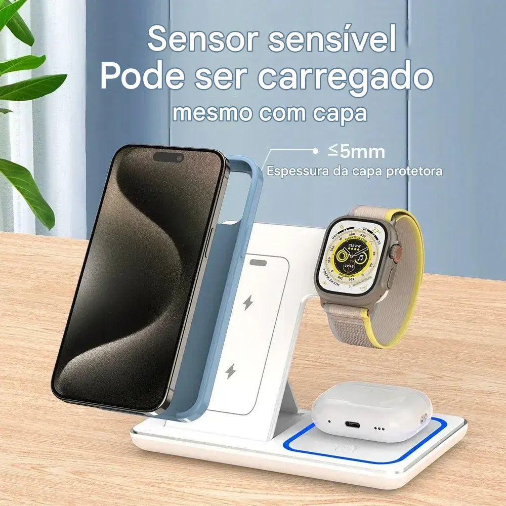 Carregador Sem Fio 3 em 1 Dobrável - Suporte de Mesa com LED 15W para Celular, Smartwatch e Fones