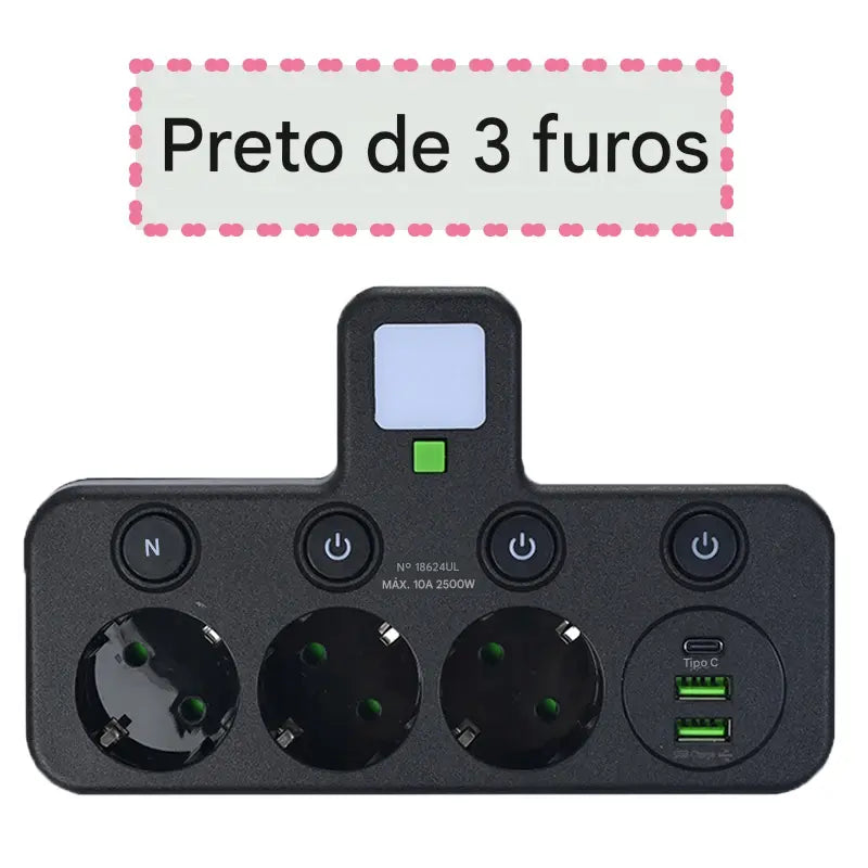 Tomada de Parede Multifuncional com Carregador Sem Fio - 3 Tomadas AC, 2 USB e Type-C