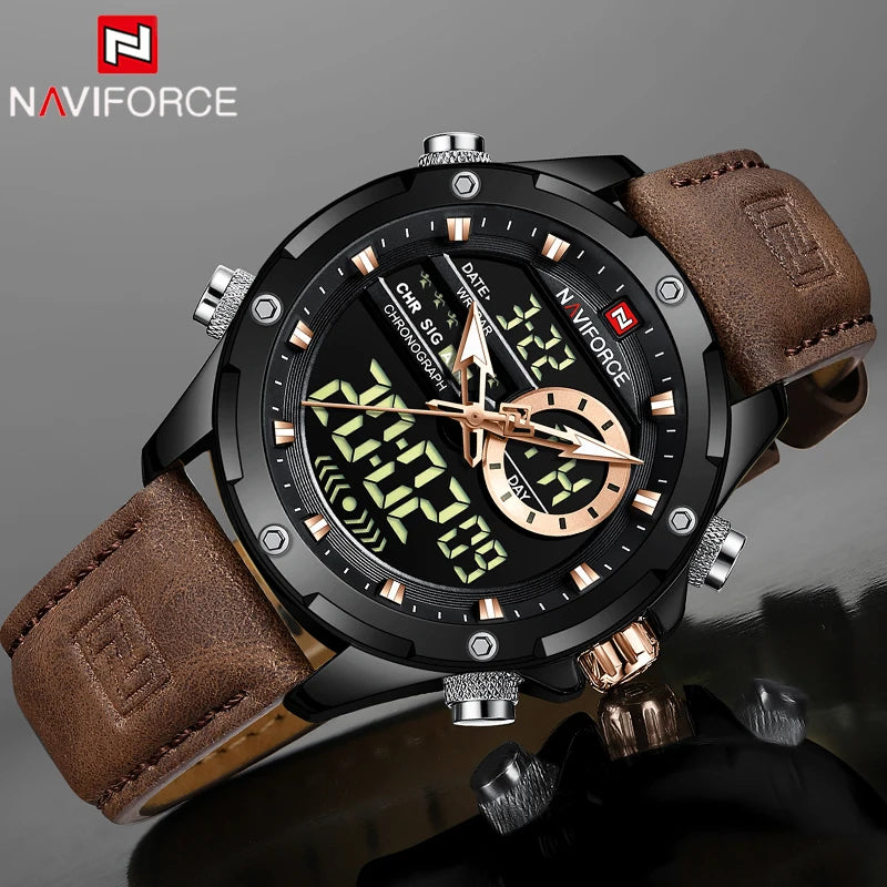 Relógio NAVIFORCE LED Digital Military - Quartzo Dual Display 3ATM Cronógrafo Couro