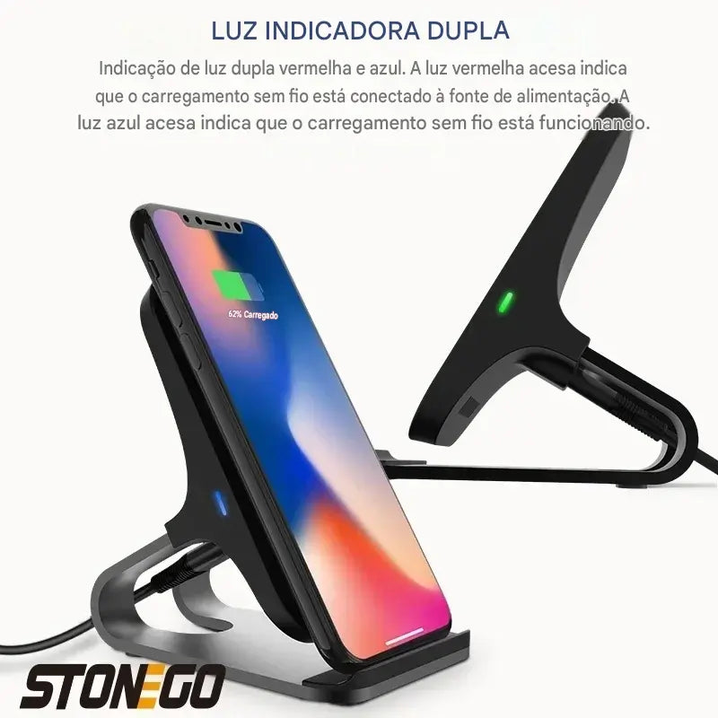 Suporte Carregador Wireless Qi 10W 7.5W 5W - Base de Carregamento Rápido 2 Bobinas Antiderrapante