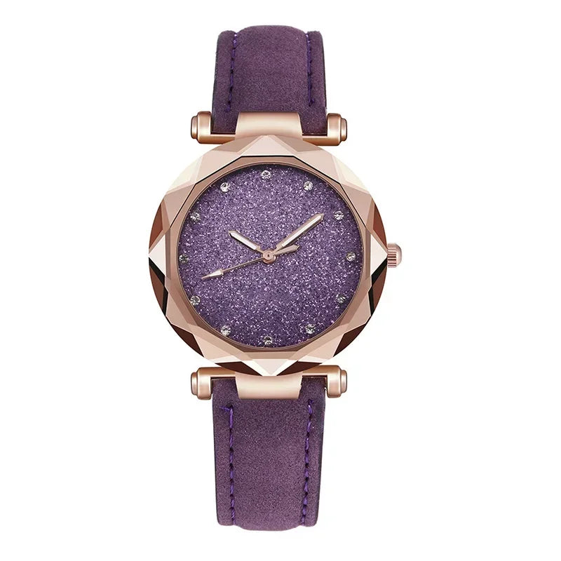 Relógio Feminino Starry Sky - Pulseira de Couro Strass Quartzo Casual