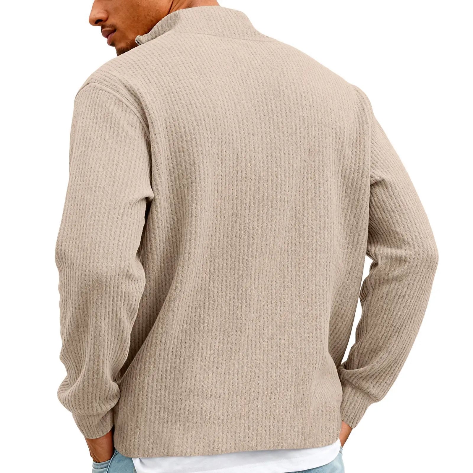 Camisa Masculina Manga Longa Ziper Gola Polo Waffle – Casual Solto Plus Size