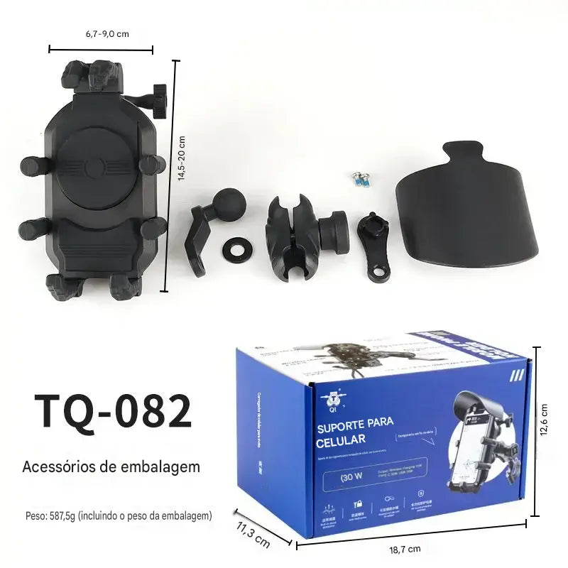 Suporte para Moto com Carregador Sem Fio e USB QC3.0 - Suporte de Guidão para Celular e GPS