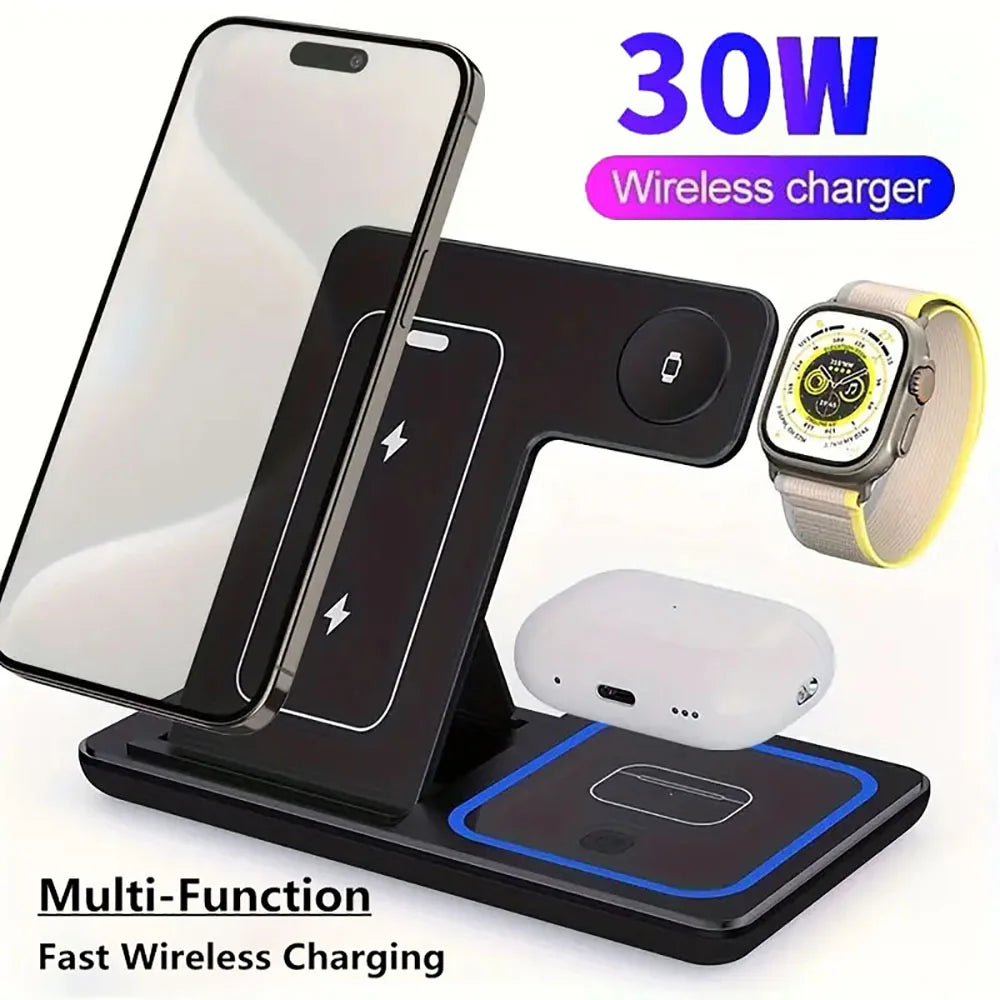 Carregador Sem Fio 3 em 1 Dobrável - Suporte de Mesa com LED 15W para Celular, Smartwatch e Fones