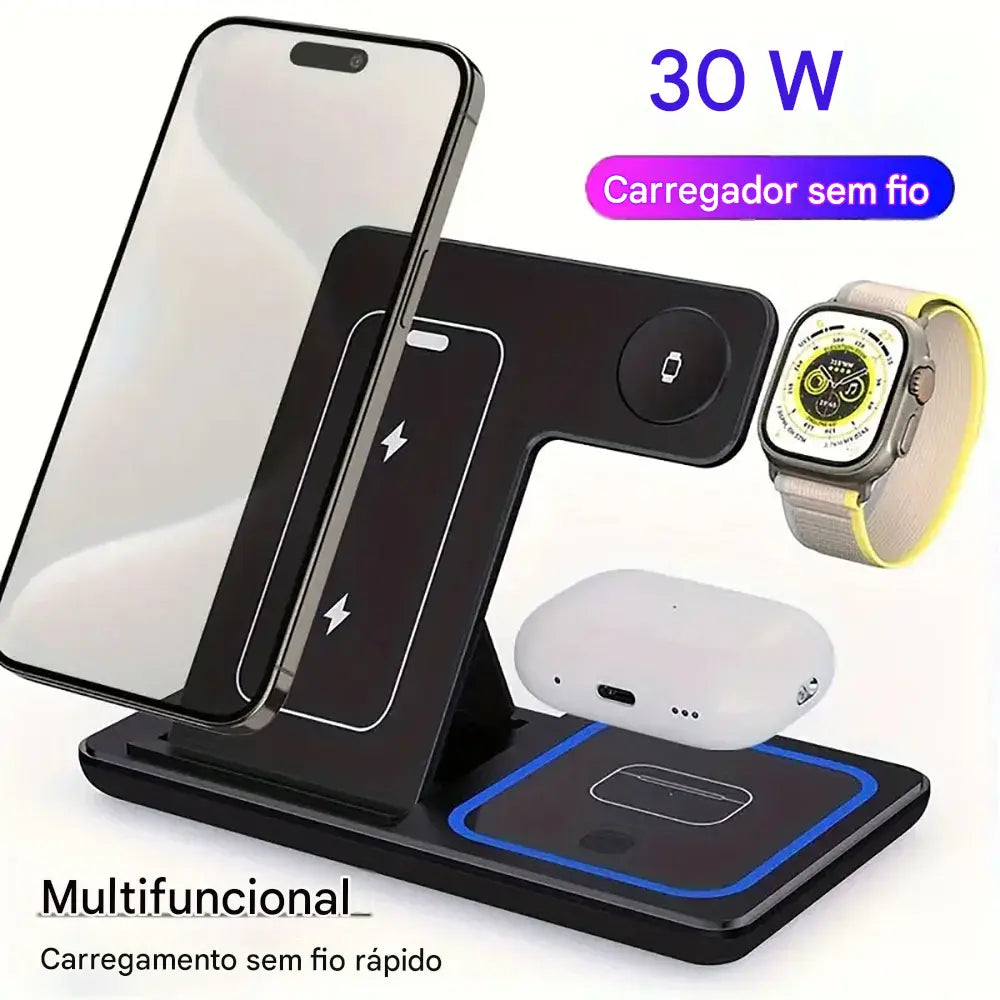 Carregador Sem Fio 3 em 1 Dobrável - Suporte de Mesa com LED 15W para Celular, Smartwatch e Fones