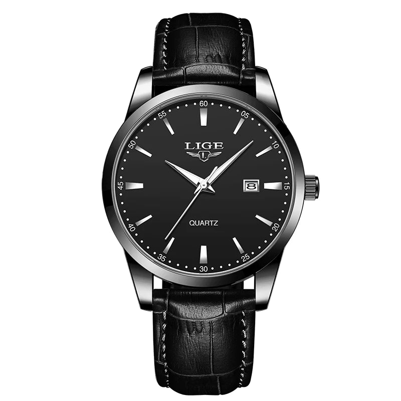 Relógio LIGE Couro Preto Military Sport - Quartzo 3ATM Cronógrafo Luminoso Casual