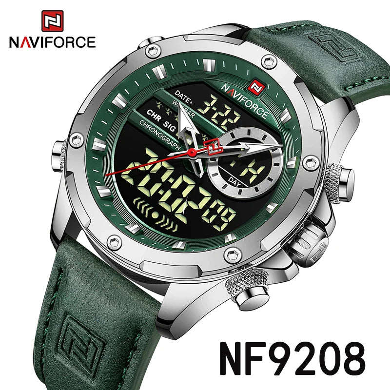 Relógio NAVIFORCE LED Digital Military - Quartzo Dual Display 3ATM Cronógrafo Couro