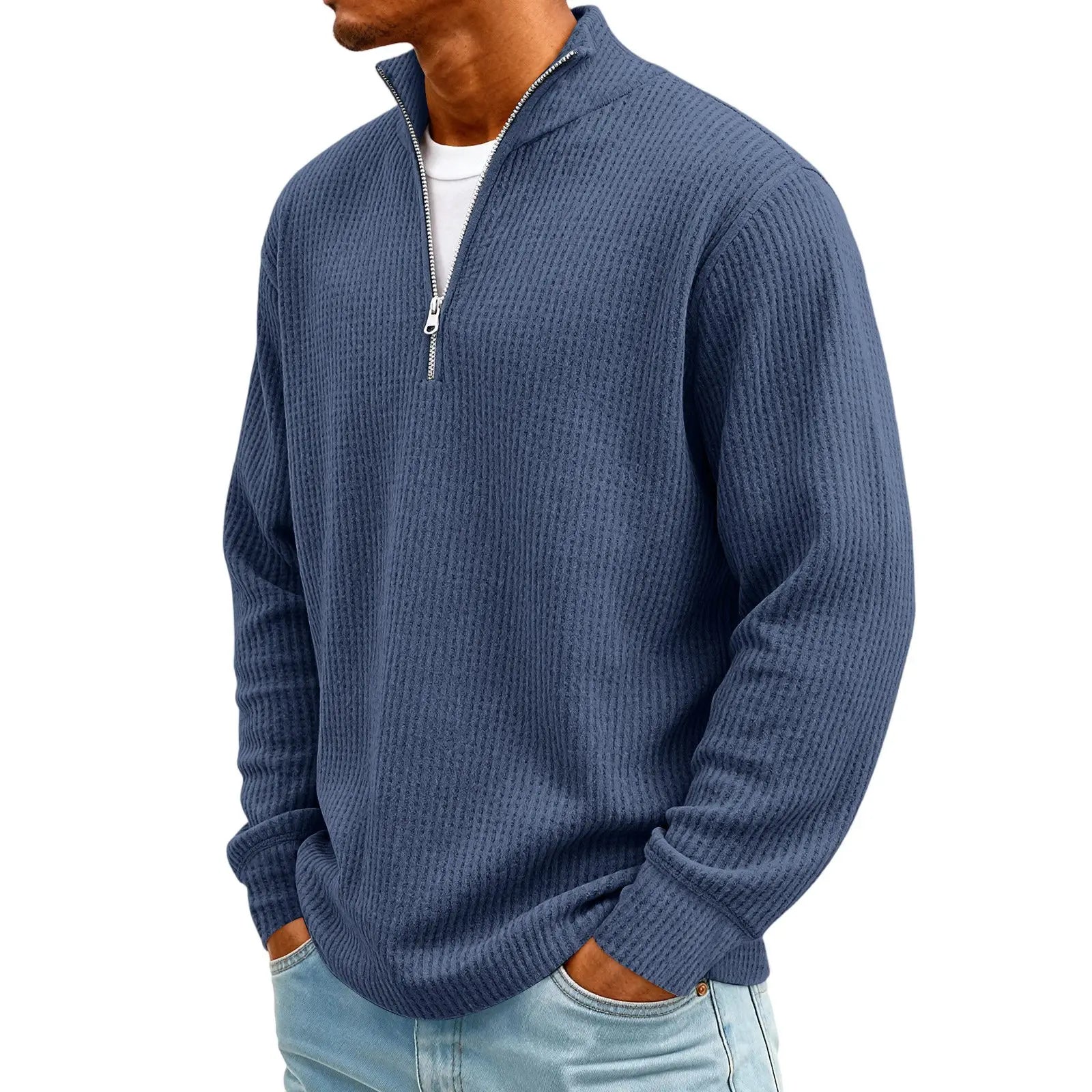 Camisa Masculina Manga Longa Ziper Gola Polo Waffle – Casual Solto Plus Size