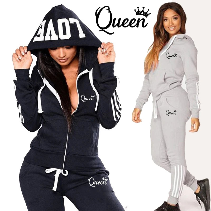 Conjunto Feminino Moletom Listrado - Moletom com Capuz e Calça Jogger Casual Outono Inverno