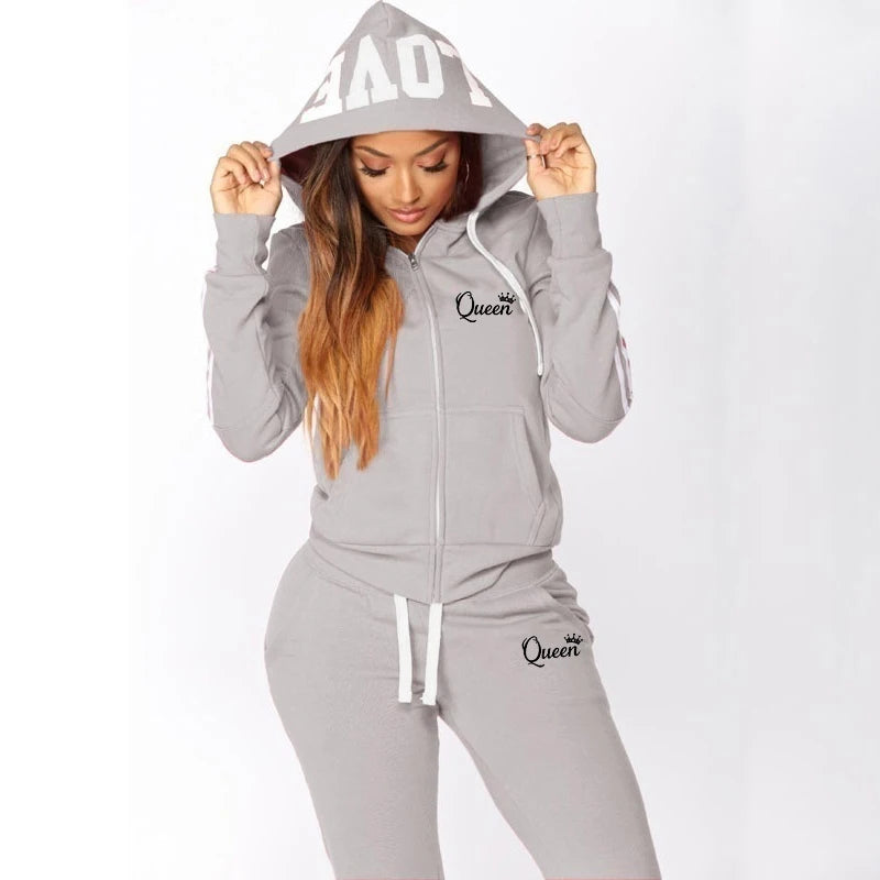 Conjunto Feminino Moletom Listrado - Moletom com Capuz e Calça Jogger Casual Outono Inverno