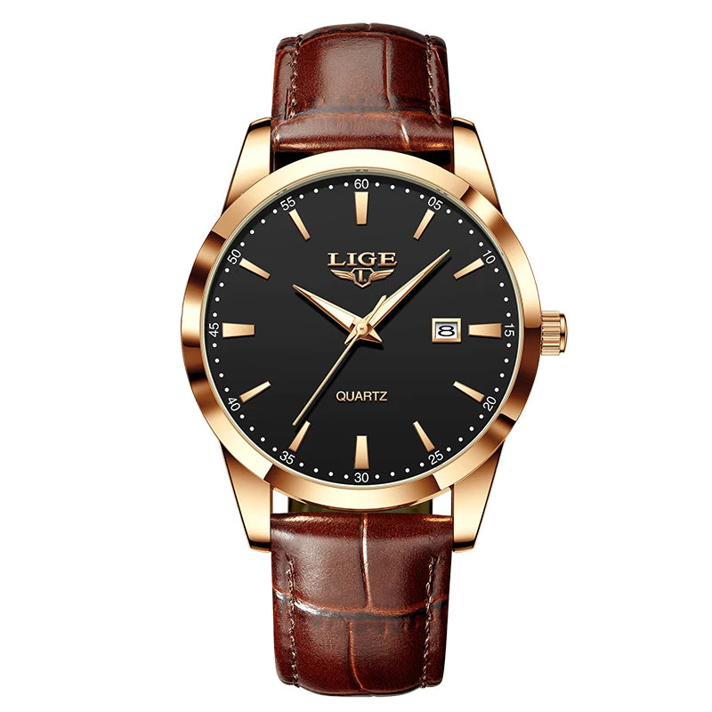 Relógio LIGE Couro Preto Military Sport - Quartzo 3ATM Cronógrafo Luminoso Casual