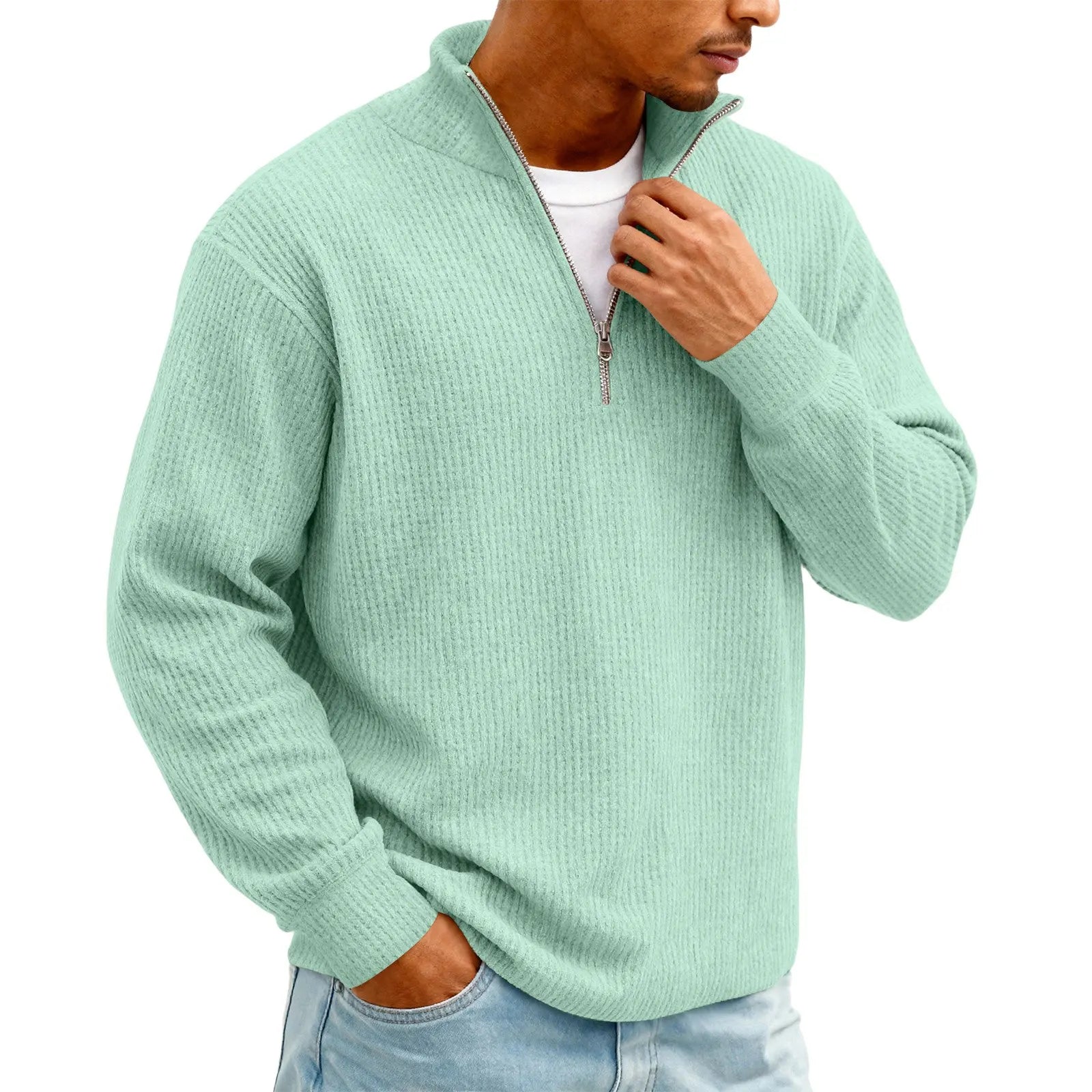 Camisa Masculina Manga Longa Ziper Gola Polo Waffle – Casual Solto Plus Size