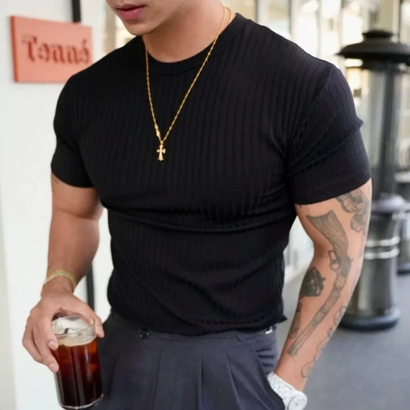 Camiseta Fitness Masculina 2025 - Treino Academia Gola Redonda Listras Verticais Elástica