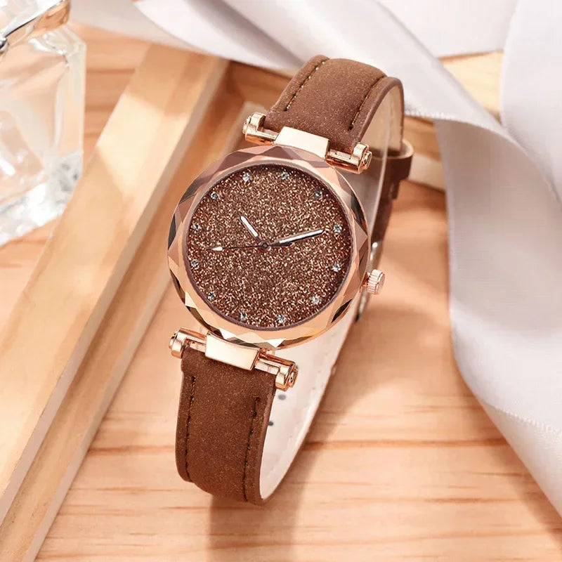Relógio Feminino Starry Sky - Pulseira de Couro Strass Quartzo Casual